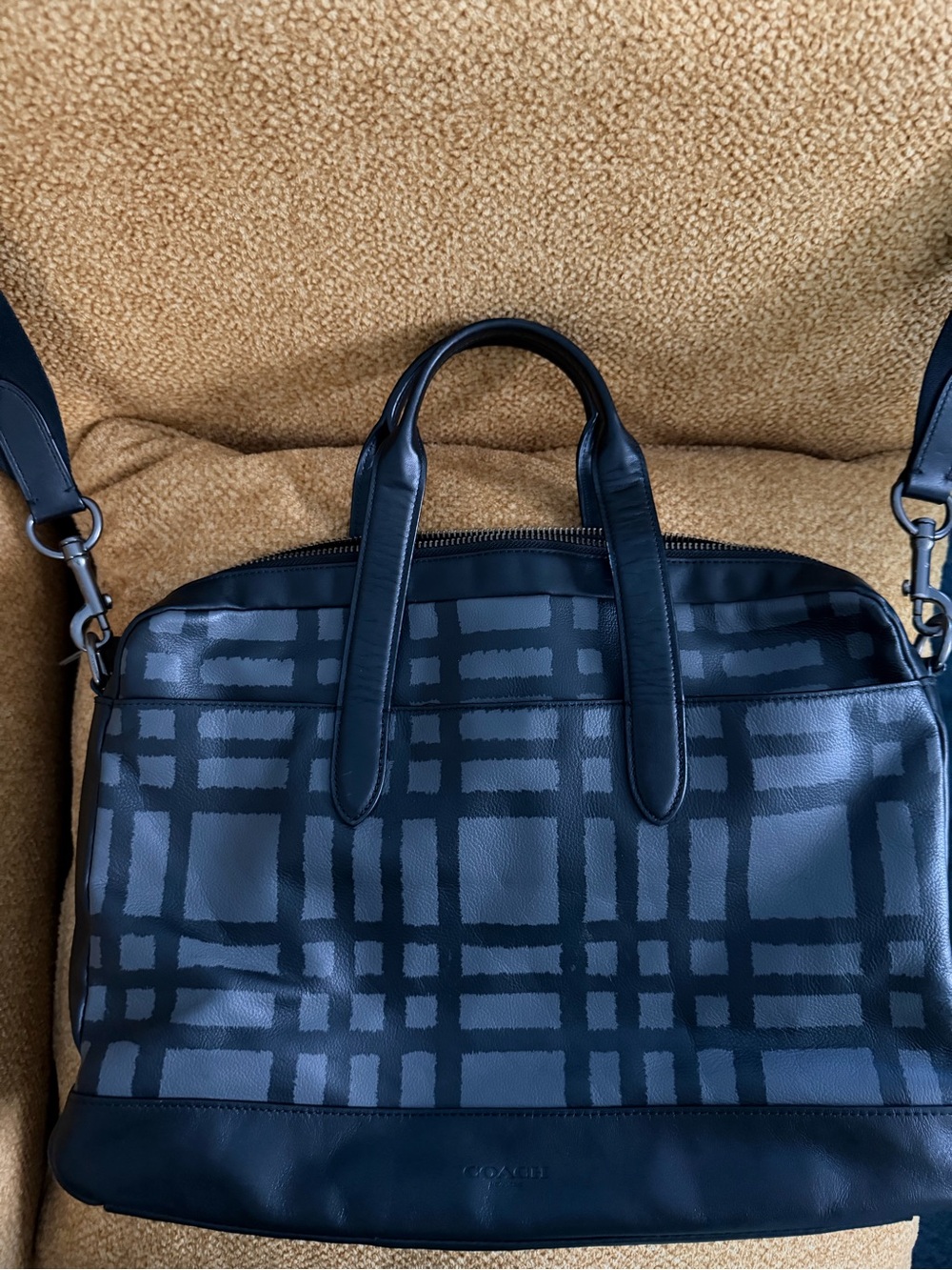 Coach Men's Navy & Black Plaid Briefcase with Leather Trim